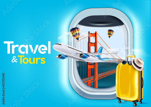 Travel and tours vector banner design. Travel and tours text with airplane and tourist destination golden gate bridge view in window elements for worldwide explore traveling design.