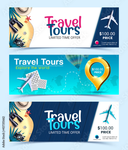 Travel tours sale vector banner set. Travel tours limited time offer text with travelling elements like world map, airplane and 3d pin for international promo advertising design. Vector illustration
