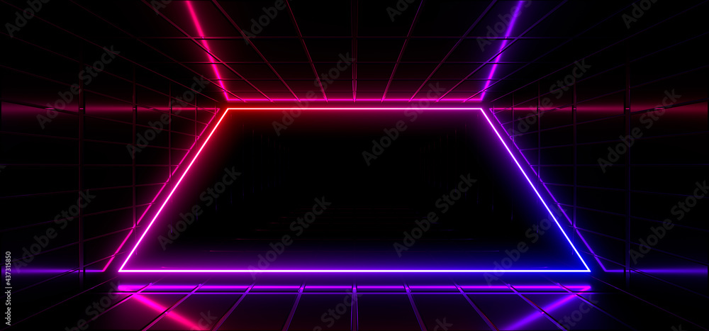Sci Fy neon lamps in a dark corridor. Reflections on the floor and walls. 3d rendering image. Sci Fy neon lamps in a dark corridor. Reflections on the floor and walls. 3d rendering image.