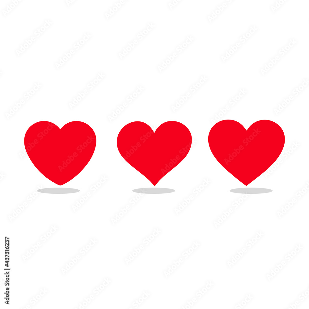 Red heart Icon ,shadow, on white background. 
Set of love symbol for web site logo, 
Vector illustration flat style