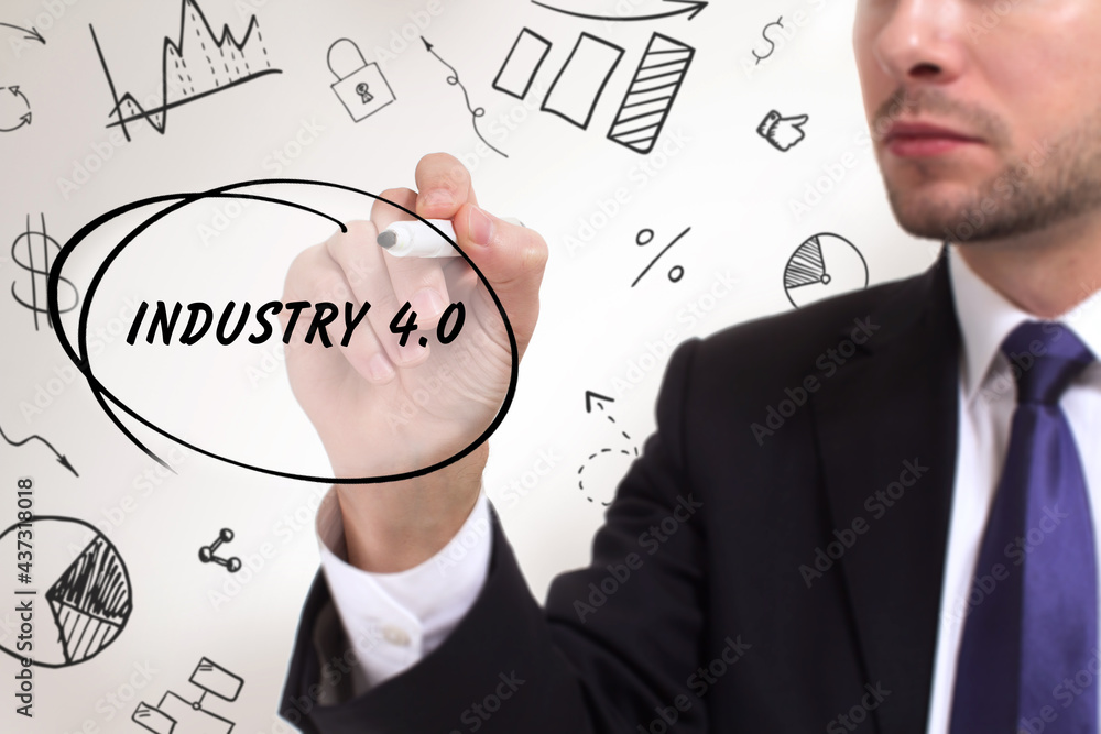 Business, technology, internet and network concept. Young businessman thinks over the steps for successful growth: Industry 4.0 Business, technology, internet and network concept. Young businessman thinks over the steps for successful growth: Industry 4.0