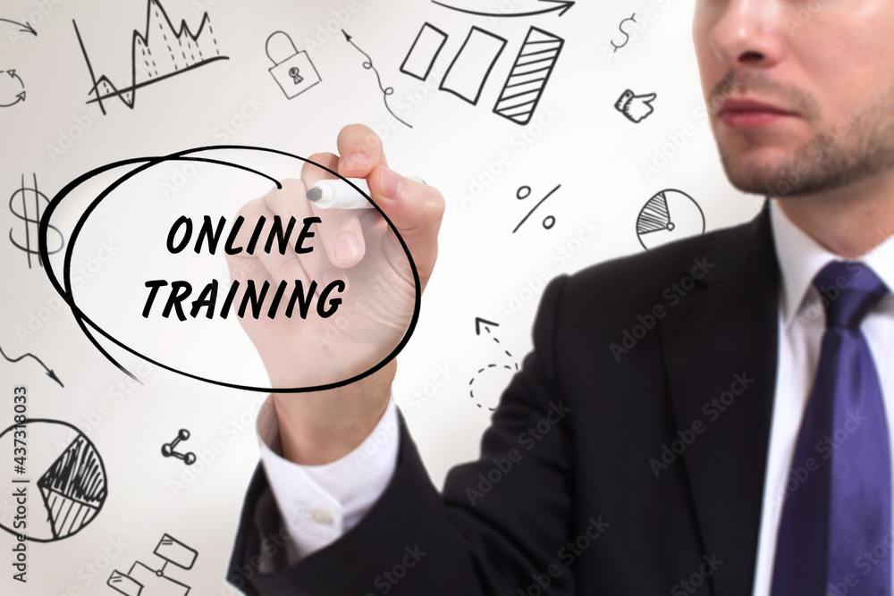Business, technology, internet and network concept. Young businessman thinks over the steps for successful growth: Online training Business, technology, internet and network concept. Young businessman thinks over the steps for successful growth: Online training