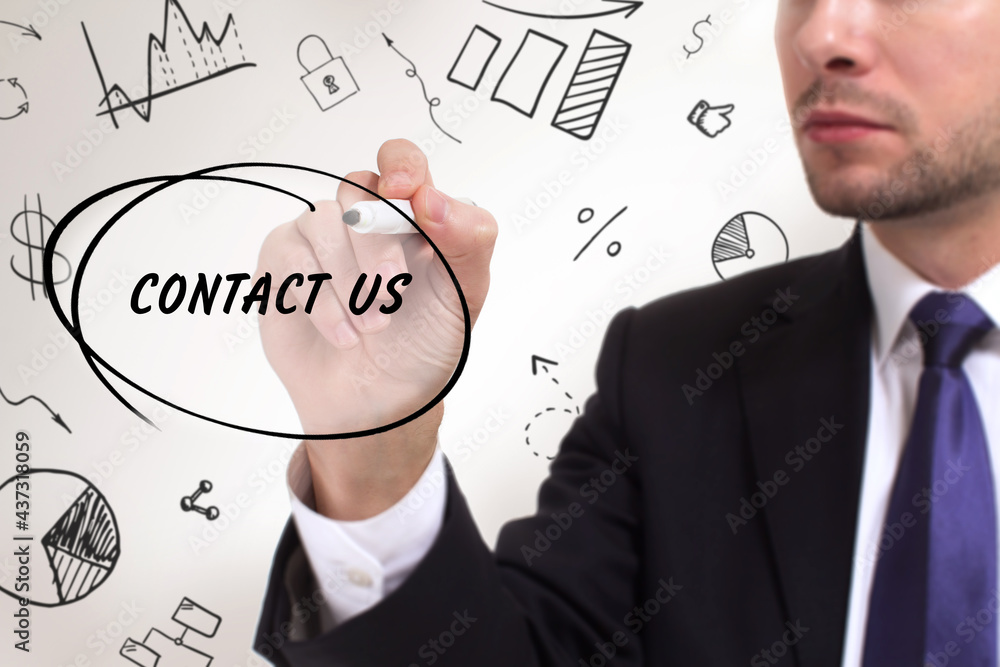 Business, technology, internet and network concept. Young businessman thinks over the steps for successful growth: Contact us Business, technology, internet and network concept. Young businessman thinks over the steps for successful growth: Contact us
