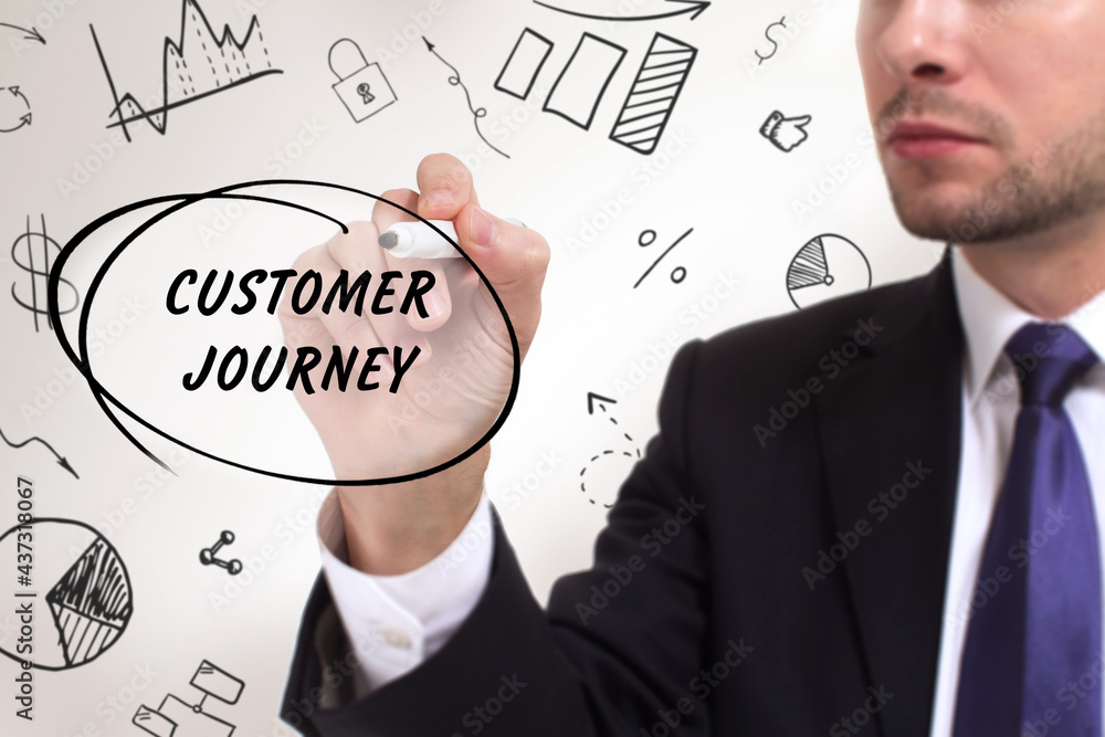 Business, technology, internet and network concept. Young businessman thinks over the steps for successful growth: Customer journey Business, technology, internet and network concept. Young businessman thinks over the steps for successful growth: Customer journey
