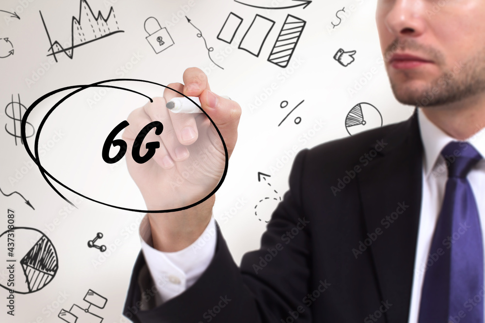 Business, technology, internet and network concept. Young businessman thinks over the steps for successful growth: 6G Business, technology, internet and network concept. Young businessman thinks over the steps for successful growth: 6G