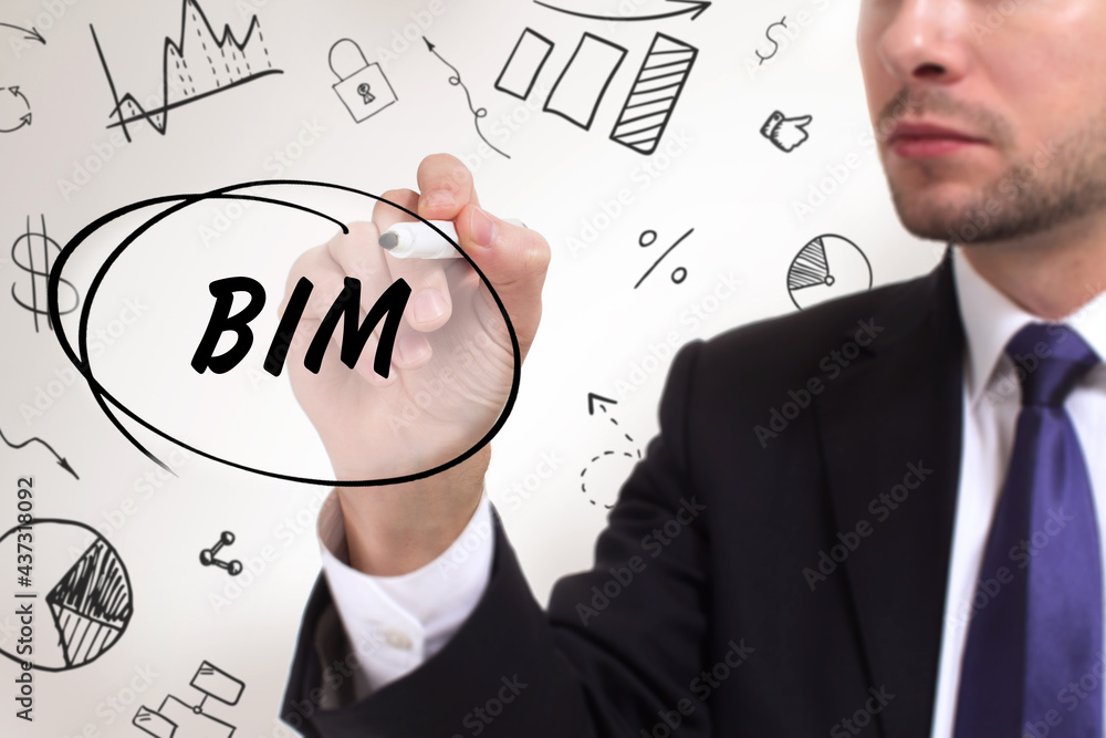 Business, technology, internet and network concept. Young businessman thinks over the steps for successful growth: BIM Business, technology, internet and network concept. Young businessman thinks over the steps for successful growth: BIM