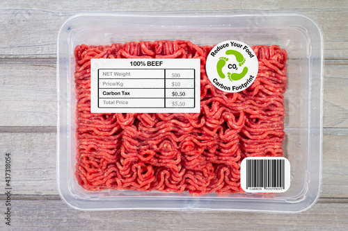 Carbon label and carbon tax price label on meat, eco comsumer labeling on food photo