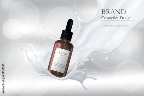 3d advertising of essence for skin in a spray of milk. Cosmetic bottle mockup in realistic scenery for product demonstration.