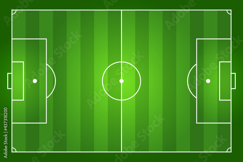 Green striped soccer field with markings. The proportion is 105 by 68 meters. View from above. Template for illustration and coverage of football matches. Vector illustration