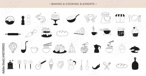 Cooking, baking and homemade food collection of hand drawn elements. Trendy modern illustrations, coffee shop and restaurant concept logos, icon design