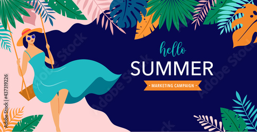 Summer scene, young woman sitting on swing on the beach, looking at the sea. Hello summer background and banner