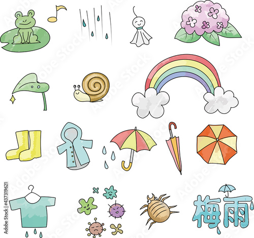 梅雨の季節のイラストセット　線画カラー