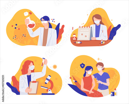 Researchers studying viruses to develop vaccines and doctors immunizing people.  flat design style minimal vector illustration.