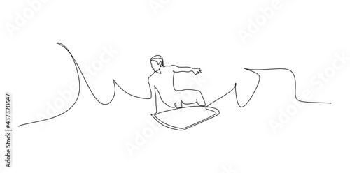 Professional surf male on surfboard. Man in ocean during surfing. Surfer and ocean wave - continuous one line drawing