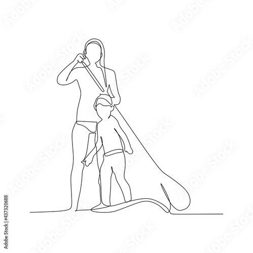 Mother and her adorable little son paddling on stand up board having fun during summer beach vacation - continuous one line drawing