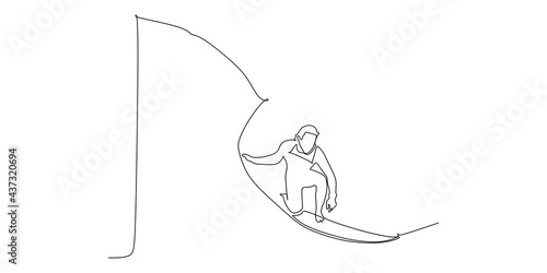 Surfing surfer riding ocean wave - continuous one line drawing