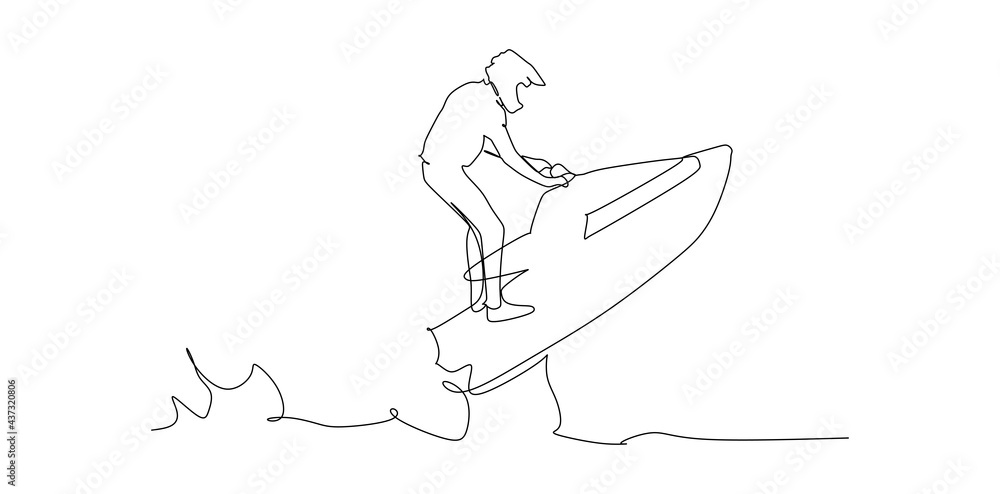 Fototapeta premium strong men drives on the jetski above the water.- continuous one line drawing