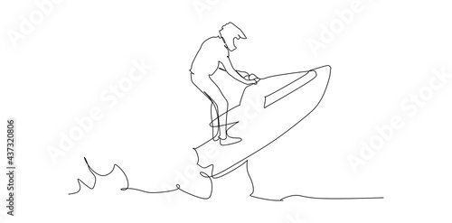strong men drives on the jetski above the water.- continuous one line drawing