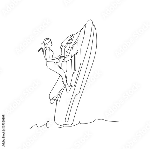 young woman jump on wave on jet ski.- continuous one line drawing