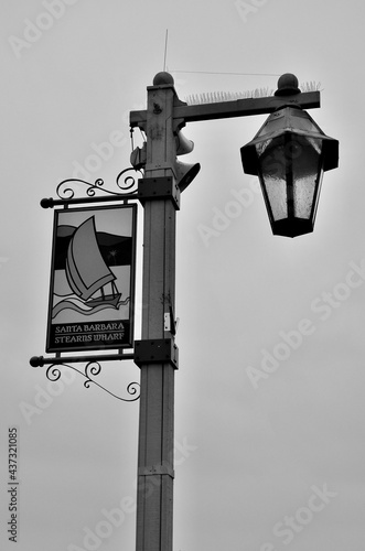 Santa Barbara Stearns Wharf sign on lamp post photo