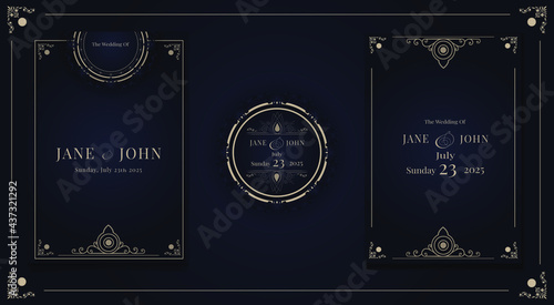 ilustration graphic vector of elegant floral wedding invitaion card set in dark blue color 