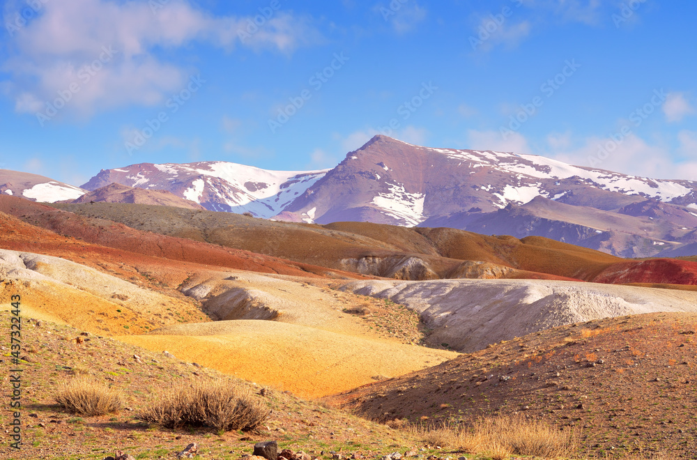 Mars in the Altai Mountains. The slope of the river terrace with the exposure of colorful clays and siltstones is a geological attraction. Kurai ridge in the distance. Chui Valley, Siberia, Russia