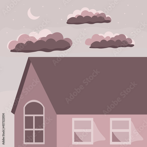 house, clouds, moon, stars, illustration home, windows, roof, aesthetics, cozy