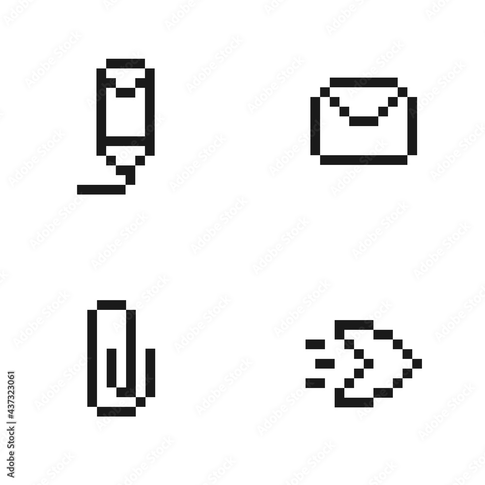 Set of contact us icon. Black and white email icon pixel art collection ...