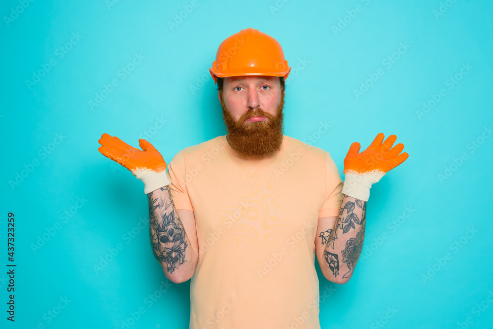 Fototapeta Incompetent worker is unsure and worried about his work