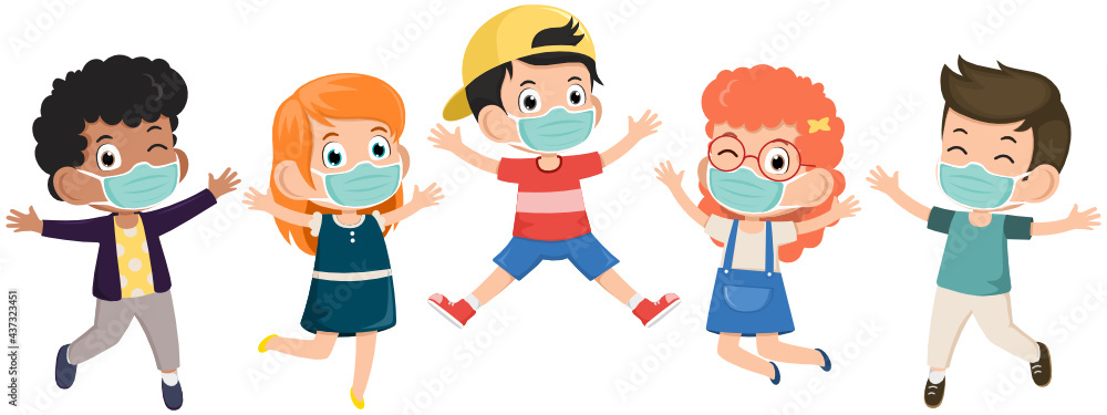 Boys and girls are wearing face mask protect corona virus or covid 19 to playing together happily jump. New normal kid lifestyle concept. students and friends. Kids Vector illustration. Boys and girls are wearing face mask protect corona virus or covid 19 to playing together happily jump. New normal kid lifestyle concept. students and friends. Kids Vector illustration.