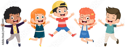 Cute little kids Playing Outside. Boys and girls are fun playing together happily jump. Kids Play at the grass. Concept is fun and vibrant moments of childhood. Vector illustrations.