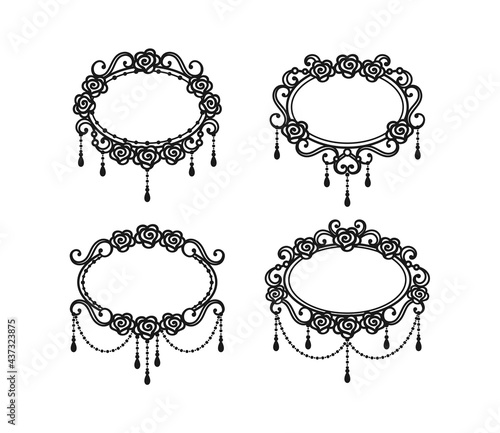 Set of black and white vintage frames with roses and beads on a white background. Vector template for holiday greeting card, banner, wedding invitation, monogram, signage, laser and plotter cutting