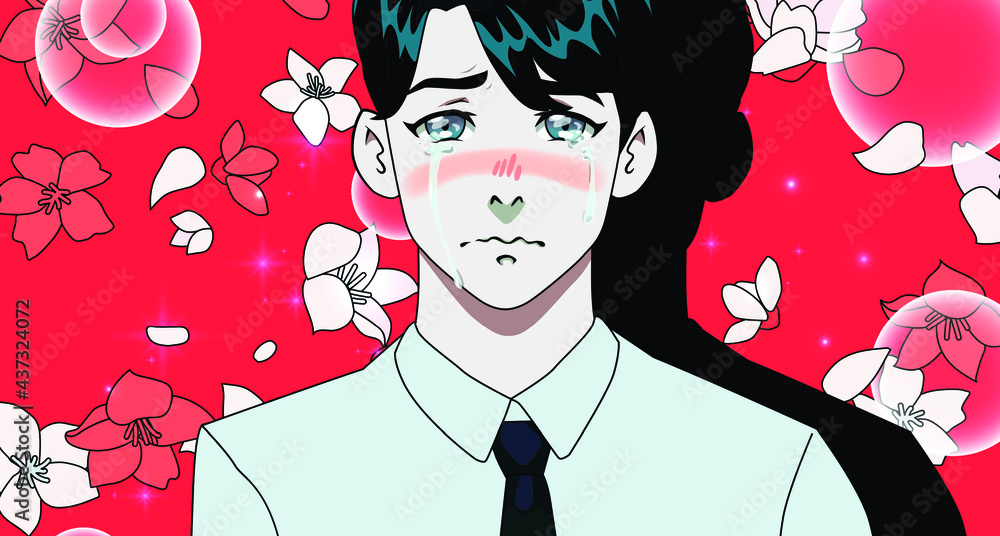Crying dark-haired young man in anime style. A scene with falling sakura  flowers and a male character. Stock Vector | Adobe Stock