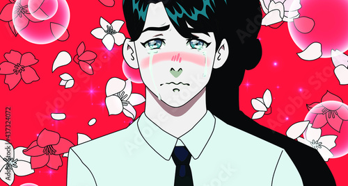 Crying dark-haired young man in anime style. A scene with falling sakura flowers and a male character.