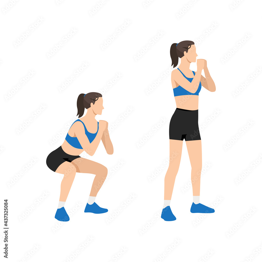 Woman doing Bodyweight squats exercise. Flat vector illustration isolated on white background Woman doing Bodyweight squats exercise. Flat vector illustration isolated on white background