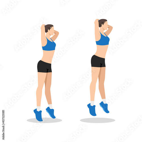 Woman doing Jumping calf presses. Raises exercise. Flat vector illustration isolated on white background