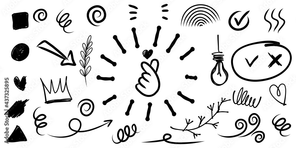 hand drawn set of curly swishes, swashes, swoops. Abstract arrows, Arrow, heart, love, star, leaf, sun, light, crown, king, queen, on doodle style for concept design. vector illustration. hand drawn set of curly swishes, swashes, swoops. Abstract arrows, Arrow, heart, love, star, leaf, sun, light, crown, king, queen, on doodle style for concept design. vector illustration.