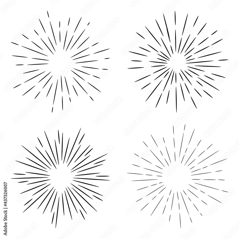 Starburst, sunburst hand drawn. Design Element Fireworks Black Rays. Comic explosion effect. Radiating, radial lines. Starburst, sunburst hand drawn. Design Element Fireworks Black Rays. Comic explosion effect. Radiating, radial lines.