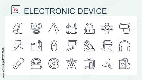 A set of vector illustrations, icons of electronic devices, accessories from a thin line. Monitor, drone, battery, flashlight, games, and computer electronics.