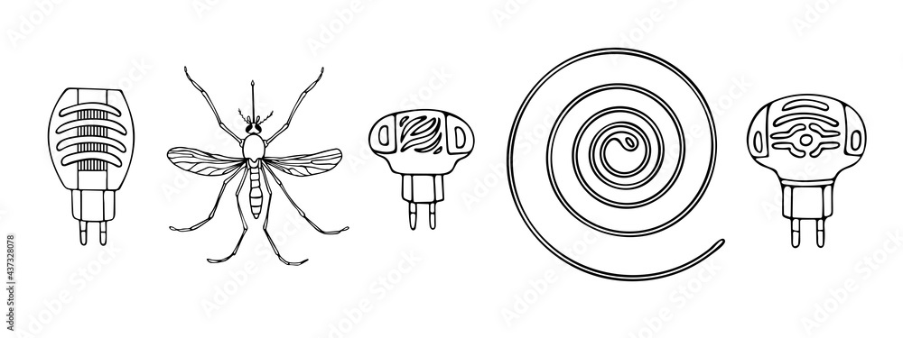 vector black and white set of insect protection items, various fumigators, spiral and mosquito isolated on white background