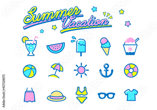 レトロポップな夏のアイコン素材セット　ビビッド