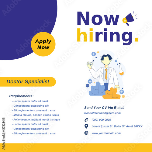 We are hiring recruitment design for social media post template. Medical job vacancy social media post template. Landing page concept on square layout design with character