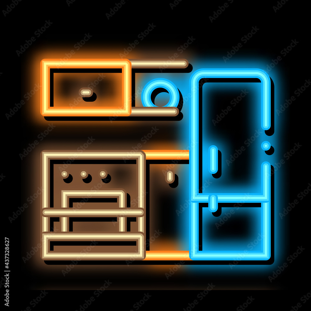 Kitchen with Fridge neon light sign vector. Glowing bright icon Kitchen with Fridge sign. transparent symbol illustration Kitchen with Fridge neon light sign vector. Glowing bright icon Kitchen with Fridge sign. transparent symbol illustration
