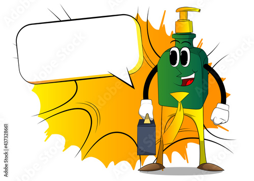 Cartoon bottle of hand sanitizer gel for hygiene with face as boss with suitcase or bag and tie.