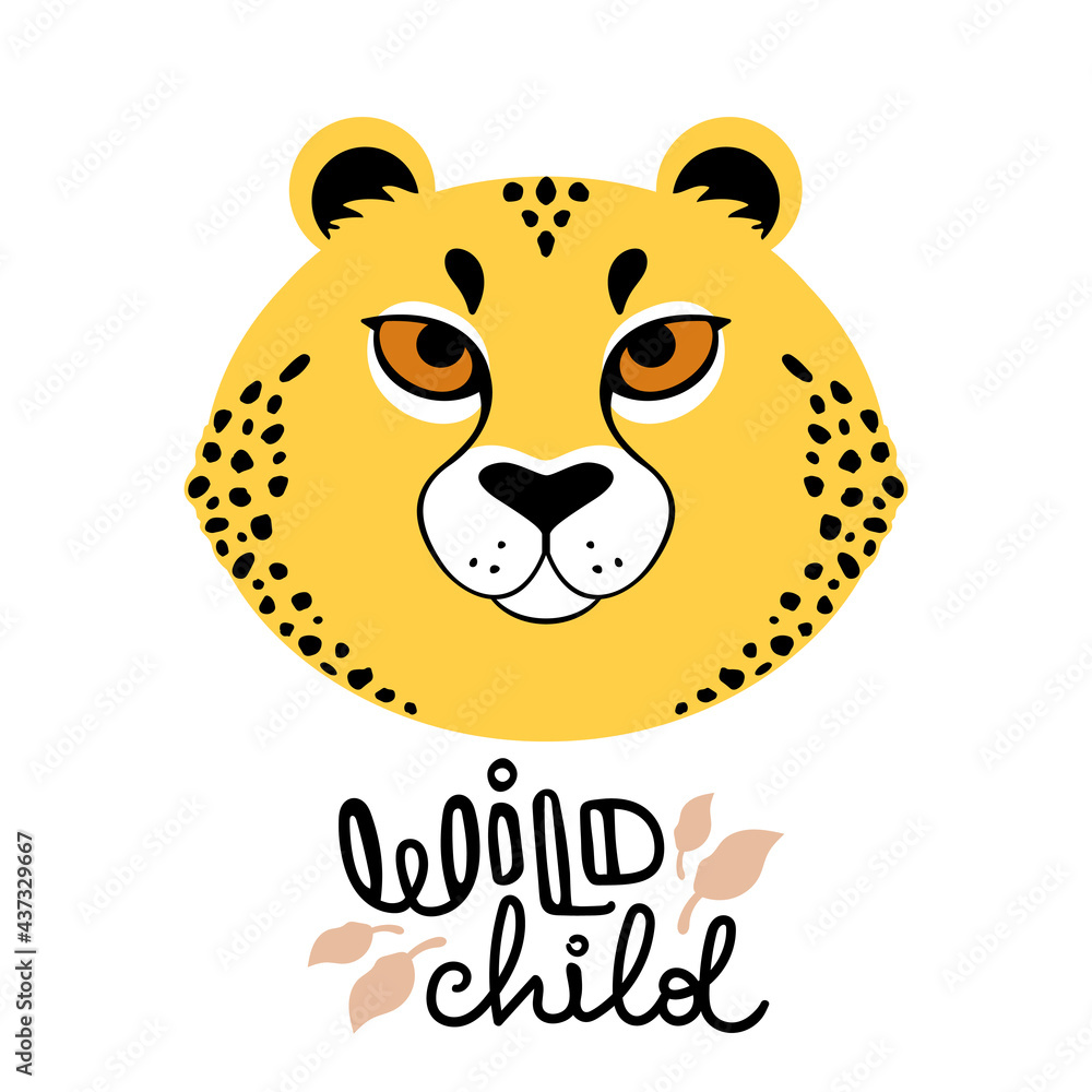 Fototapeta premium Vector illustration of a cute cartoon cheetah face signed wild child