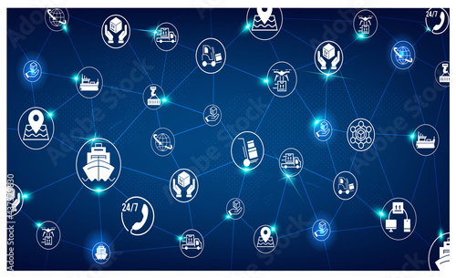 Smart Logistics background with global logistics Warehouse Logistics, Sea Freight Logistics partnership. .Digital connect system with integrated circles, glowing line icons. Vector illustration eps10