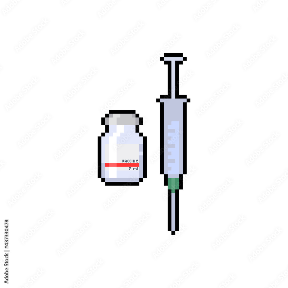 Pixel art vaccine bottle and syringe icon.