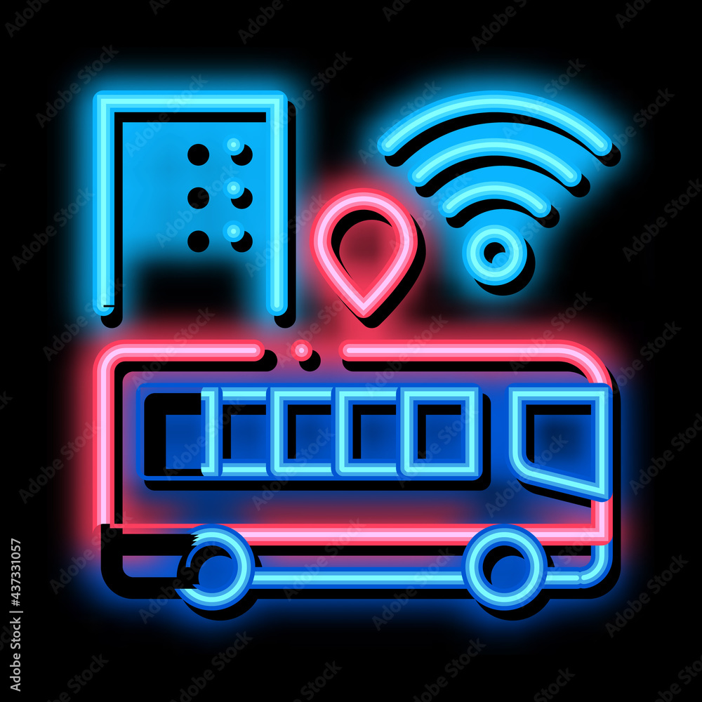 Bus Wi-Fi Signal neon light sign vector. Glowing bright icon Wi-Fi Signal in City sign. transparent symbol illustration Bus Wi-Fi Signal neon light sign vector. Glowing bright icon Wi-Fi Signal in City sign. transparent symbol illustration