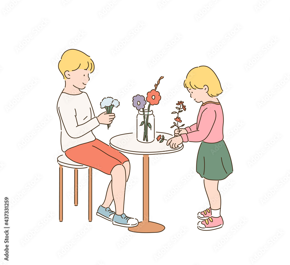 My brother and my little sister are arranging flowers. hand drawn style vector design illustrations. My brother and my little sister are arranging flowers. hand drawn style vector design illustrations.