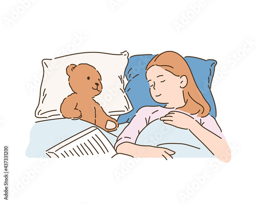 Cute little girl is sleeping in bed with a teddy bear. hand drawn style vector design illustrations. 